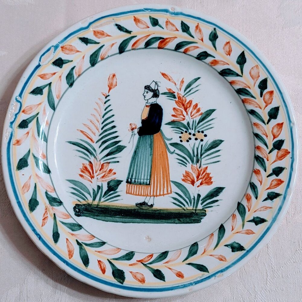 VTG Henriot Quimper 1930s Hand-Painted French Faience Plate 7 5/8” Folk Art